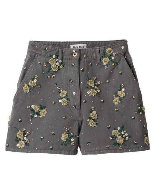 Miu Miu Gray Floral-embellished Bermuda Shorts