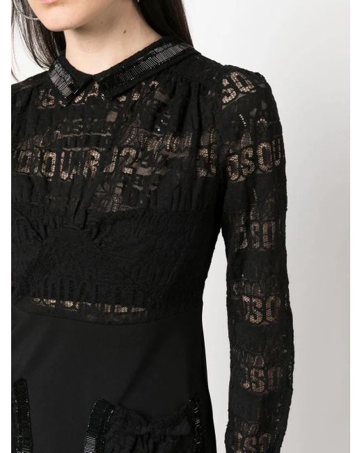 DSquared² Black Logo-Lace Long-Sleeve Minidress