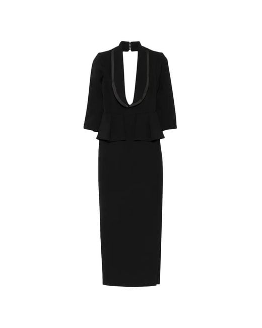 Elisabetta Franchi Black Peplum-Waist Shawl-Lapel Dress