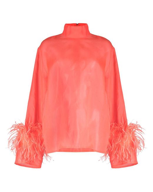 LAPOINTE Pink Feather-trim High-neck Top