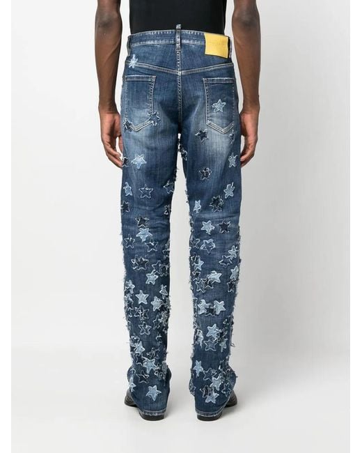 DSquared² Blue Star-Motif Patchwork Jeans for men