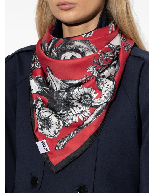 Moschino Red Floral-Print Silk Scarf