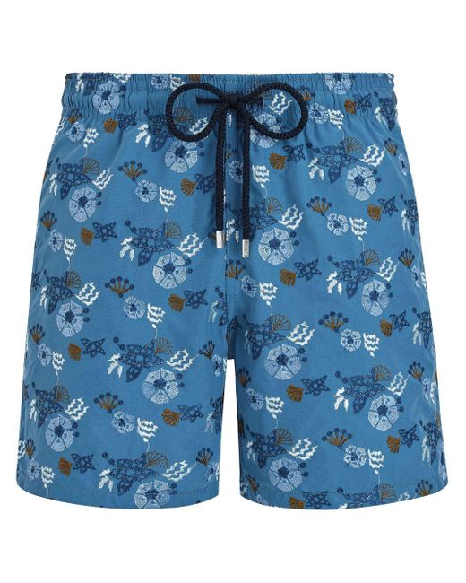 Vilebrequin Blue Floral-embroidered Swim Shorts for men
