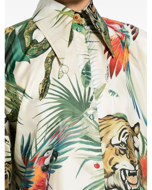 Roberto Cavalli Green Graphic-Print Silk Shirt