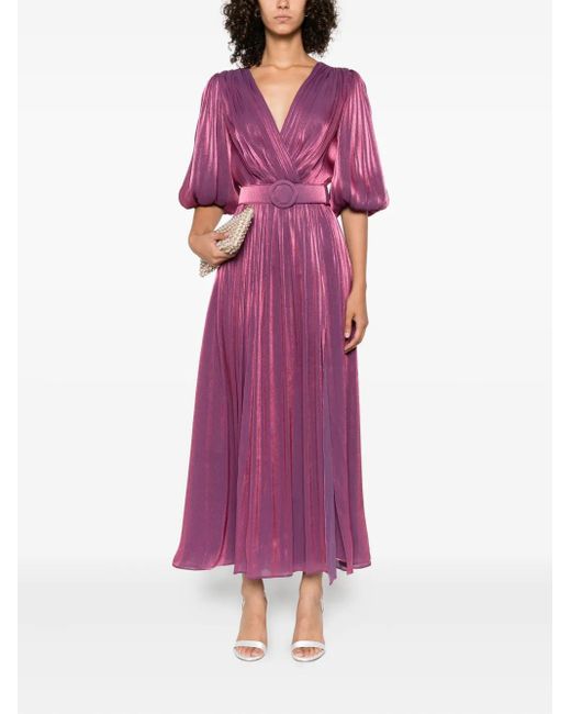 Costarellos Purple Mira Pleated Belted Midi Dress