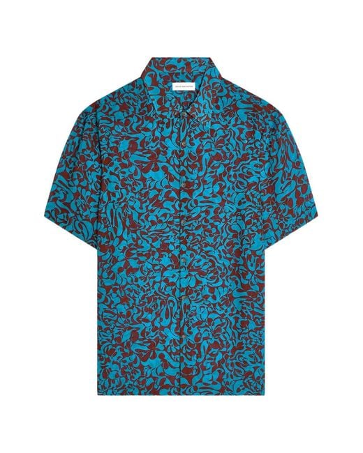 Dries Van Noten Blue Floral-Print Short-Sleeve Shirt for men