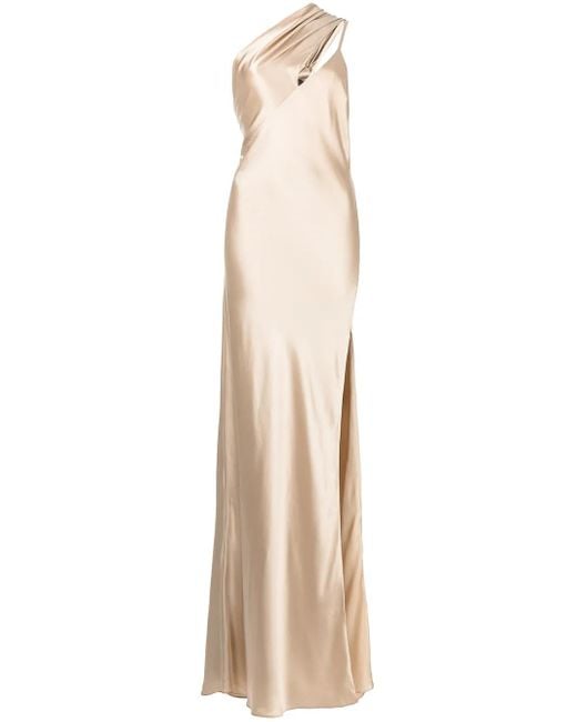 Michelle Mason Natural Side-Slit One-Shoulder Gown