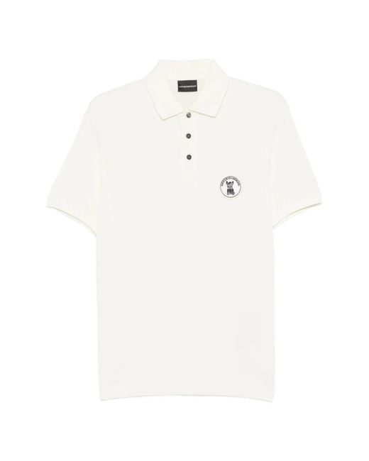 Emporio Armani White Logo-Patch Piqué Polo Shirt for men