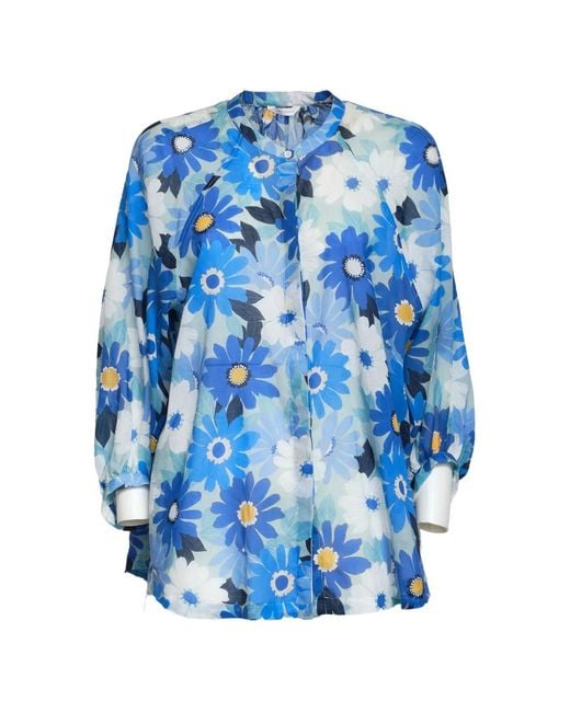 Robert Friedman Blue Adryl Floral-Print Puff-Sleeve Shirt