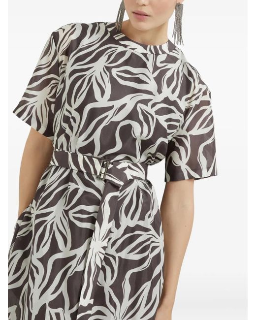 Brunello Cucinelli Gray Floral-Print Monili-Detail Maxi Dress