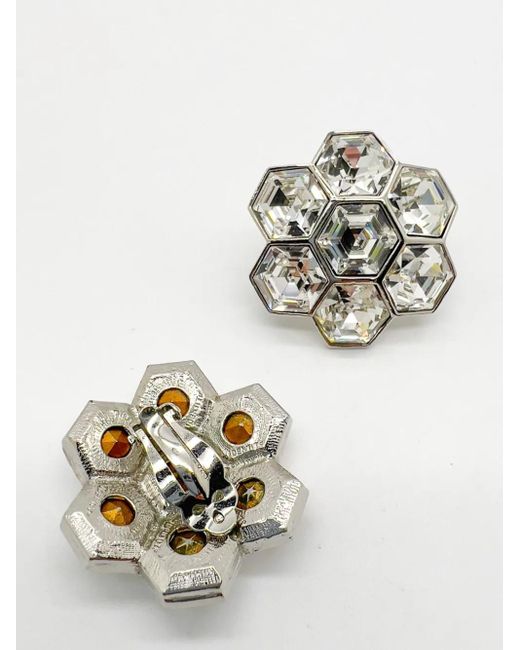 JENNIFER GIBSON JEWELLERY White Vintage Art Deco Inspired Hexagonal Crystal Floral Earrings 1980s