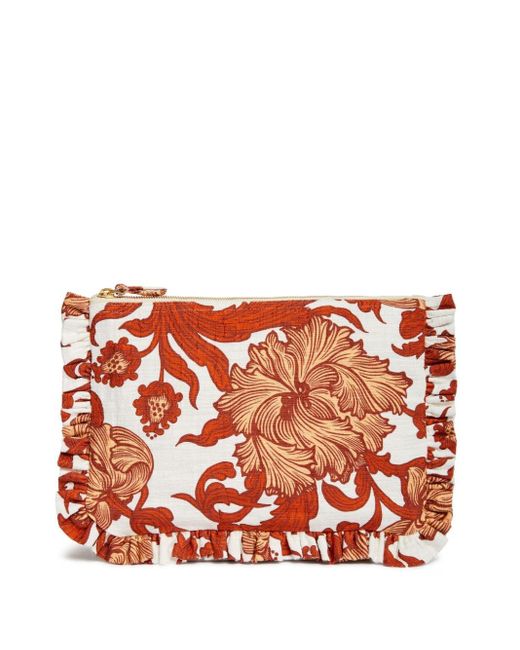 LaDoubleJ Red Floral-print Ruffle Clutch