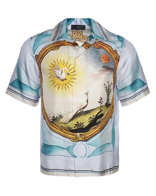 Amiri Blue Landscape Frame Camp-collar Printed Silk-twill Shirt for men
