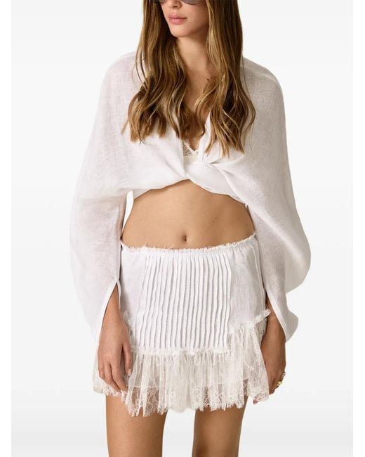 Pink White Lace-Trim Pleated Skirt
