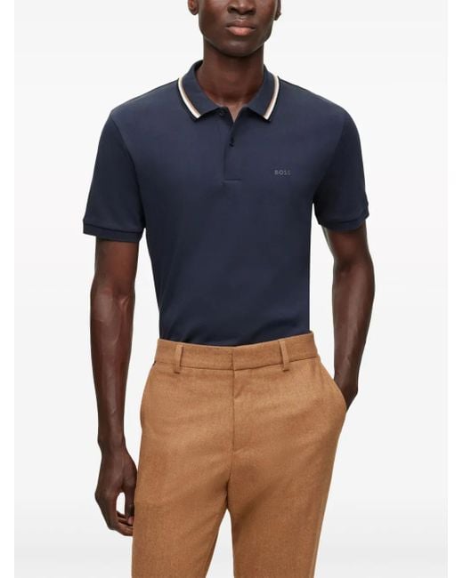 Boss Blue Logo-Print Striped-Trim Cotton Polo Shirt for men