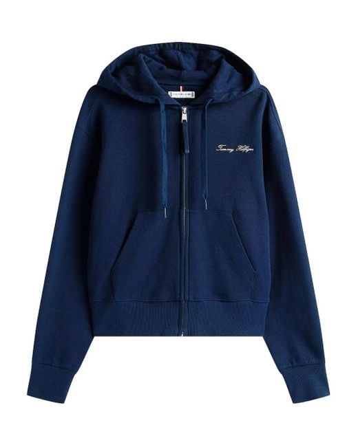 Tommy Hilfiger Blue Logo-Embroidered Zip-Up Hoodie