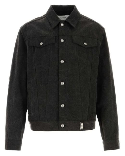 McQueen Black Denim Jacket with Logo Plaque for men