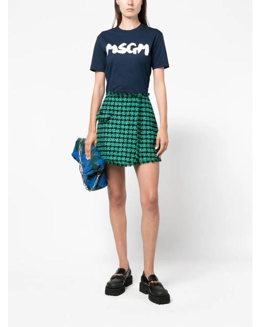 MSGM Green Tweed Houndstooth-Pattern Shorts