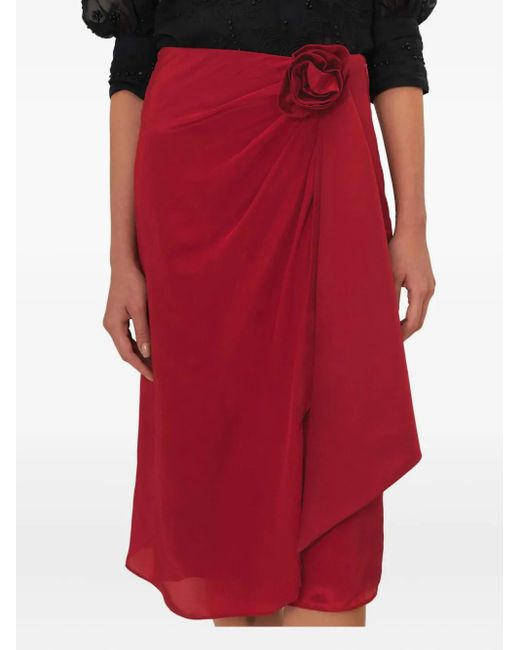Farm Rio Red Rose-Embellished Wrap Skirt