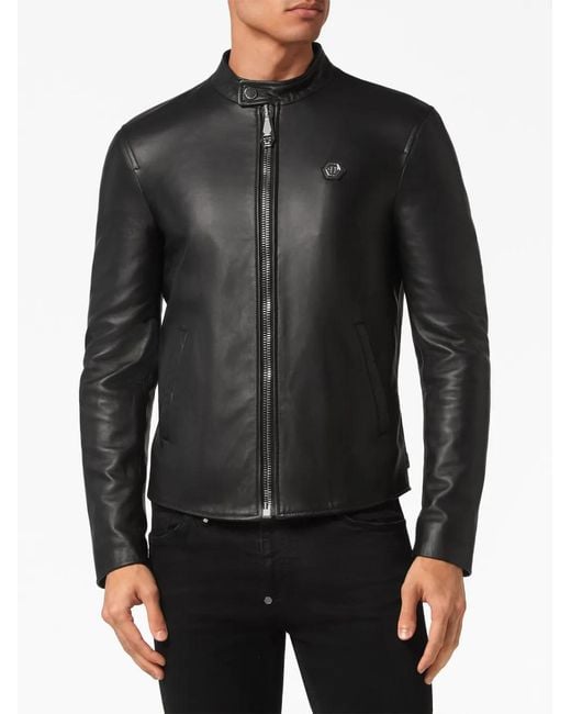 Philipp Plein Black Logo-Patch Leather Jacket for men