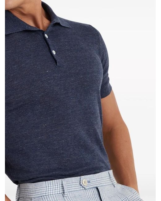 Brunello Cucinelli Blue Ribbed-Collar Slub-Texture Polo Shirt for men
