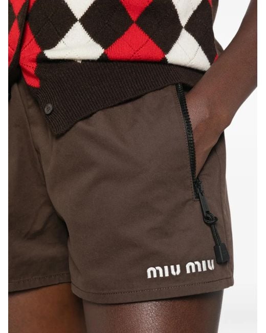 Miu Miu Brown Logo-Embroidered Gabardine Shorts