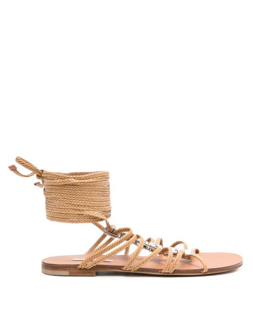Casadei Natural Crystal-Embellished Lace-Up Sandals