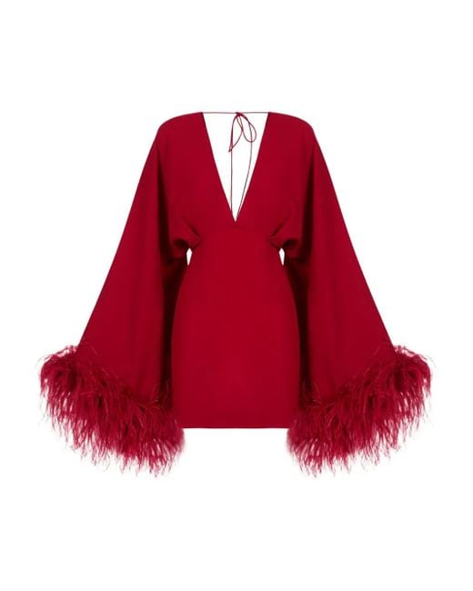 ‎Taller Marmo Red Magnifique Feather-Trimmed Mini Dress