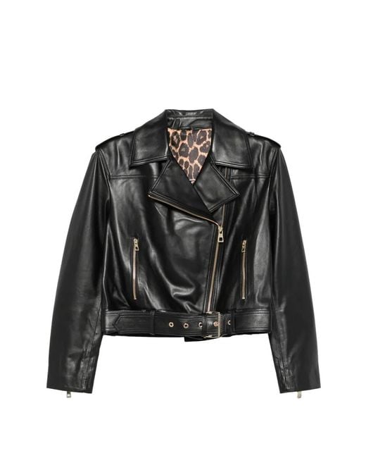 ADRIANNA FERETTI Black Belted Leather Biker Jacket