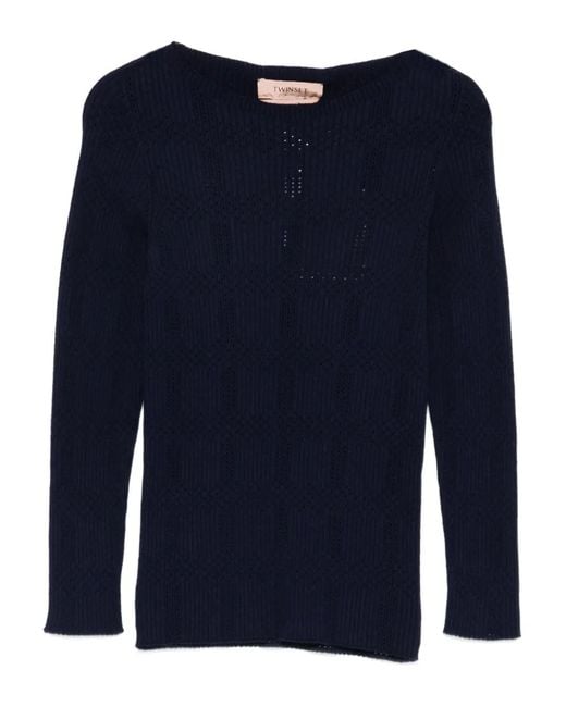 Twinset Blue Ribbed Jumper With Check Pattern