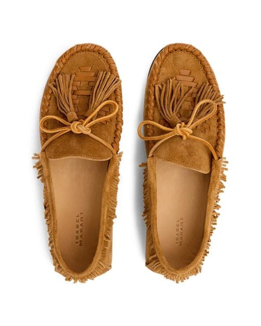Isabel Marant Brown Fringe-Detail Suede Loafers With Bow Accent