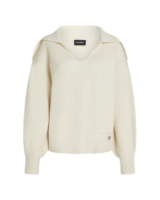 Karl Lagerfeld White Wide-Collar V-Neck Sweater
