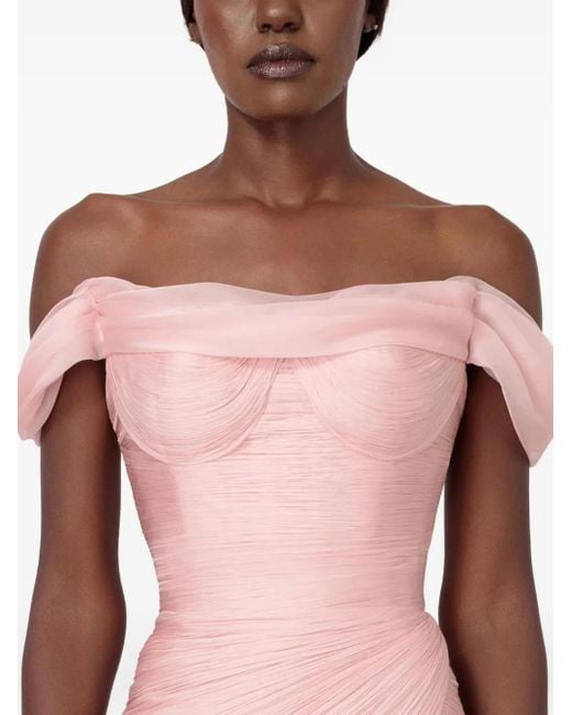 IRIS SERBAN Pink Schulterfreies Petal Maxikleid mit Federn