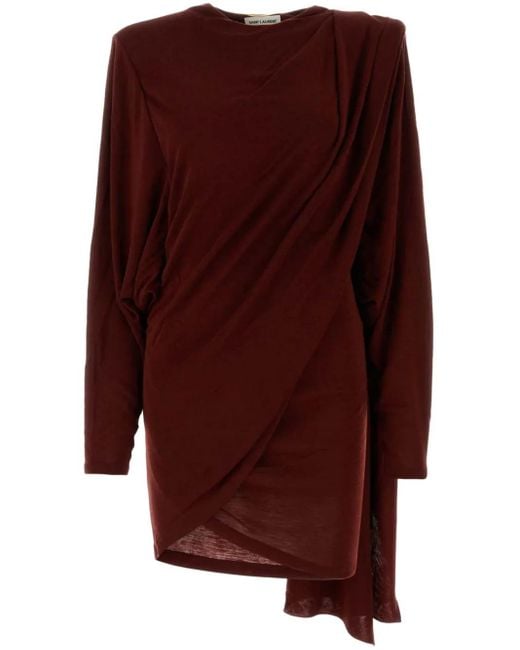 Saint Laurent Red Draped Wool Mini Dress