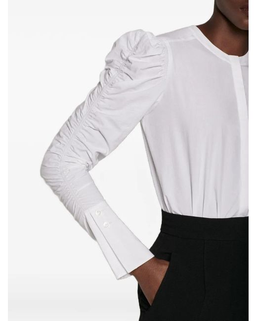 Another Tomorrow White Shirred-Sleeve Poplin Blouse
