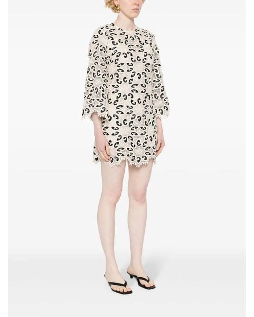 Zimmermann White Short Cotton Dress With Floral Pattern
