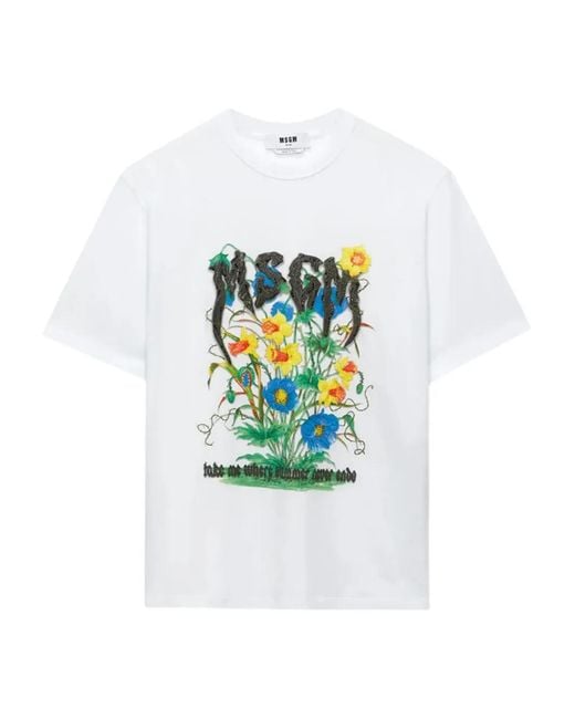 MSGM White Floral-Embellished Logo T-Shirt