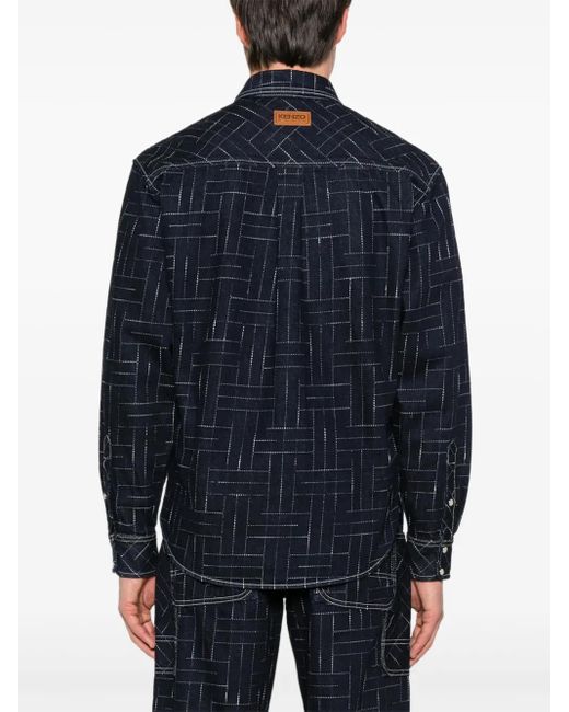 KENZO Blue Geometric-Pattern Cotton Shirt for men