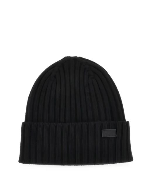 Weekend by Maxmara Black Ribbed-Knit Virgin Wool Beanie Hat