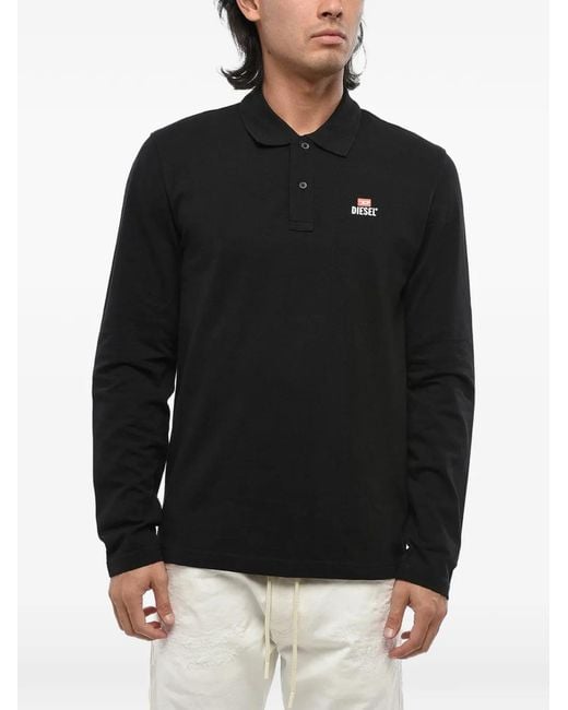 DIESEL Black Logo-Print Long-Sleeve Polo Shirt for men