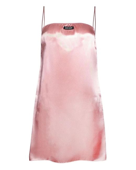 Miu Miu Pink Logo-Patch Satin Slip Dress