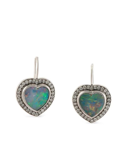Sylva & Cie Metallic Heart Opal And Diamond Earrings
