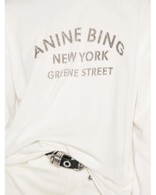 Anine Bing White Logo-Print Long-Sleeve T-Shirt