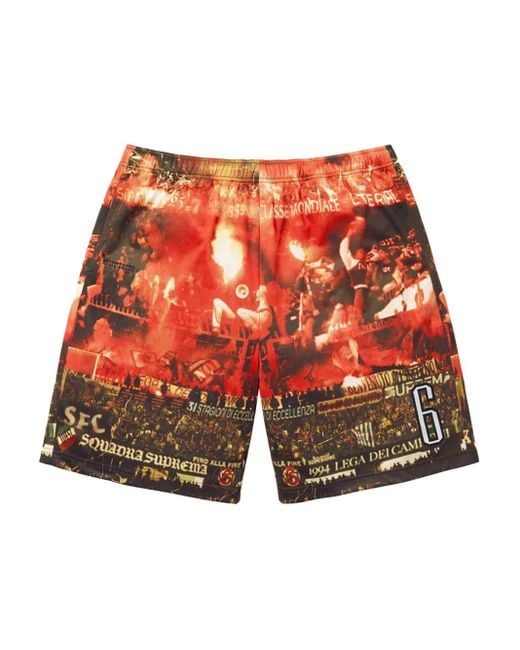 Supreme Red Vinci Por Noi Soccer-Print Shorts for men