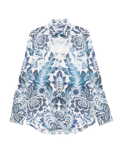 Etro Blue Floral-Print Cotton Shirt for men