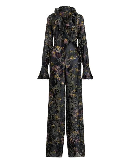 Ralph Lauren Black Ruffled Floral-Print Jumpsuit