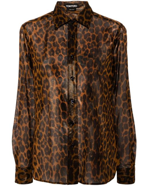 Tom Ford Brown Seidenhemd mit Leoparden-Print