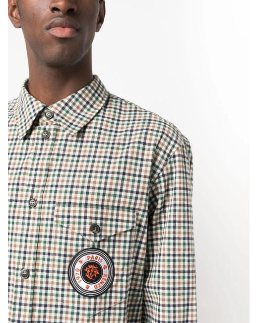 KENZO White Checked Logo-Patch Shirt for men