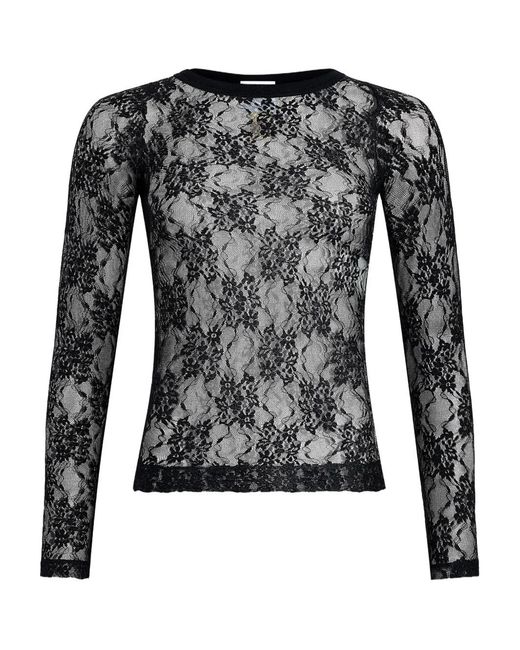 Patou Black Lace-Floral Long-Sleeve Top