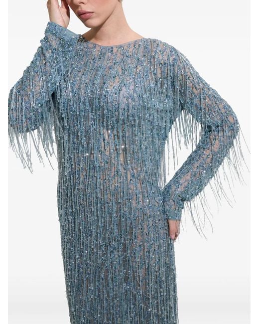 Dina Melwani Blue Fringed Crystal-Embellished Midi Dress